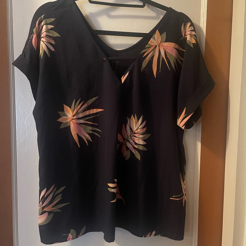 Chic Black Blouse with Tropical Print